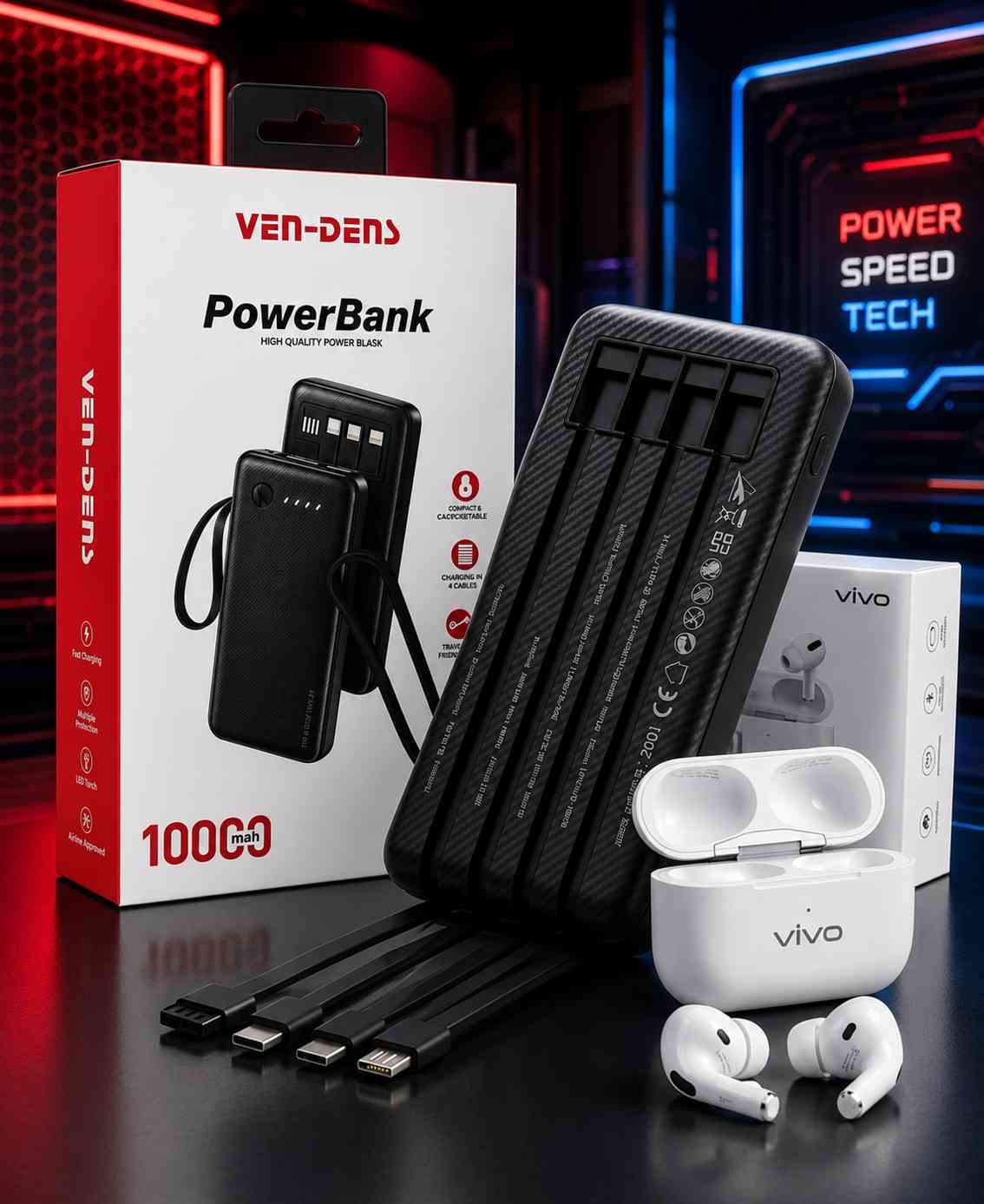 VEN-DENS 18W Fast Charging Power Bank (10000mAh) With Smart Bluetooth Earbuds Set